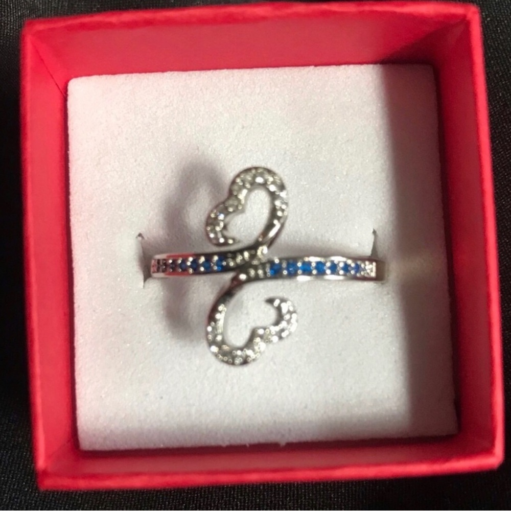 Sterling Silver Double Heart Ring with Blue and White Stones